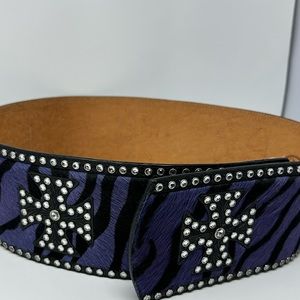 3D Women’s Belt Hand Loomed Leather 4” Hook Loop Purple/Black Zebra Fur E8